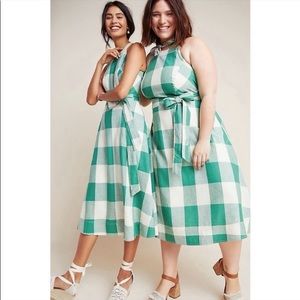 ANTHROPOLOGIE Maeve Greta Gingham Cutouts Button Back Midi Dress 12 NWT